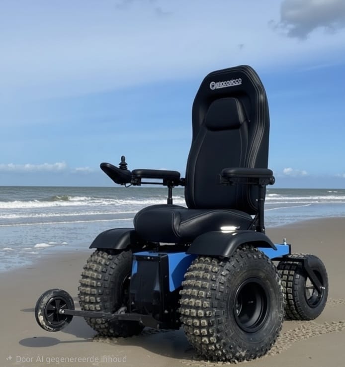 Elektrische strandrolstoel met brede terreinbanden aan de vloedlijn van het Zeeuwse strand